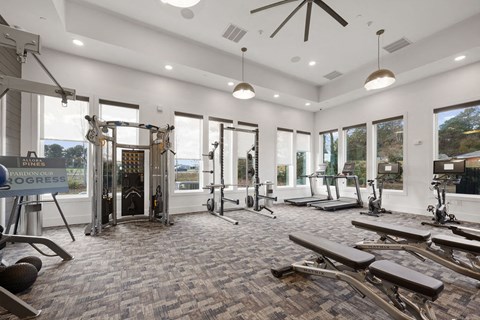 A gym with a variety of equipment including treadmills, weights, and exercise machines.