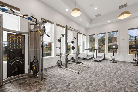 A spacious gym with a variety of equipment and a view of trees outside the windows.