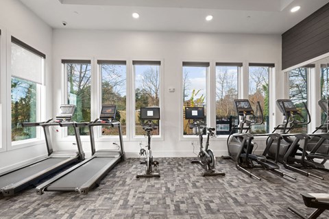 A gym with treadmills, elliptical machines, and stationary bikes.