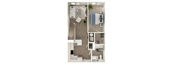 a stylized floor plan of a 1 bedroom apartment