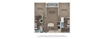 A floor plan of a home with three bedrooms, a living/dining area, a kitchen, a bath, and a balcony.