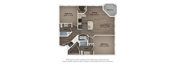 A floor plan of a house with a balcony, two bedrooms, a living room, a dining room, a kitchen, and two bathrooms.