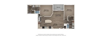 A floor plan of a house with a kitchen, two bathrooms, two bedrooms, a balcony, and a living room.