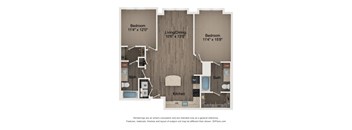 A floor plan of a house with three bedrooms, a living/dining area, a kitchen, two bathrooms, and a laundry area.