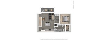 A floor plan of a house with a living room, kitchen, and two bedrooms.