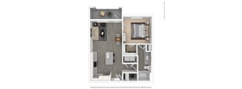 A floor plan of a small apartment with a living room, kitchen, and bathroom.