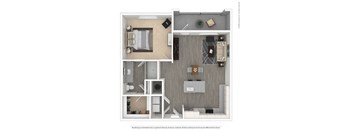 A 3D floor plan of a small apartment with a kitchen, living room, and bedroom.