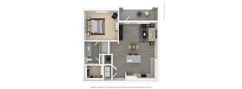 A 3D floor plan of a house showing a living room, kitchen, and bathroom.
