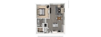 A floor plan of a small apartment with a bedroom, living room, and kitchen.