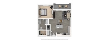 A 3D floor plan of a small apartment with a living room, kitchen, and bathroom.