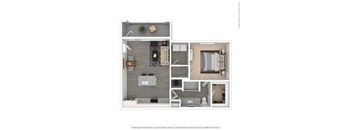 A floor plan of a two-bedroom apartment with a living room, kitchen, and bathroom.