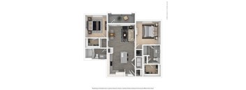 A 3D floor plan of a house with multiple rooms.