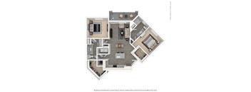 A 3D floor plan of a house with multiple rooms.