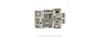 A 3D floor plan of a house with a kitchen, living room, and bedrooms.