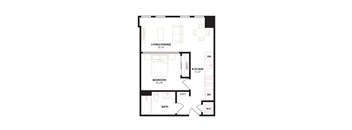 a floor plan of a studio apartment with a bedroom and a living room