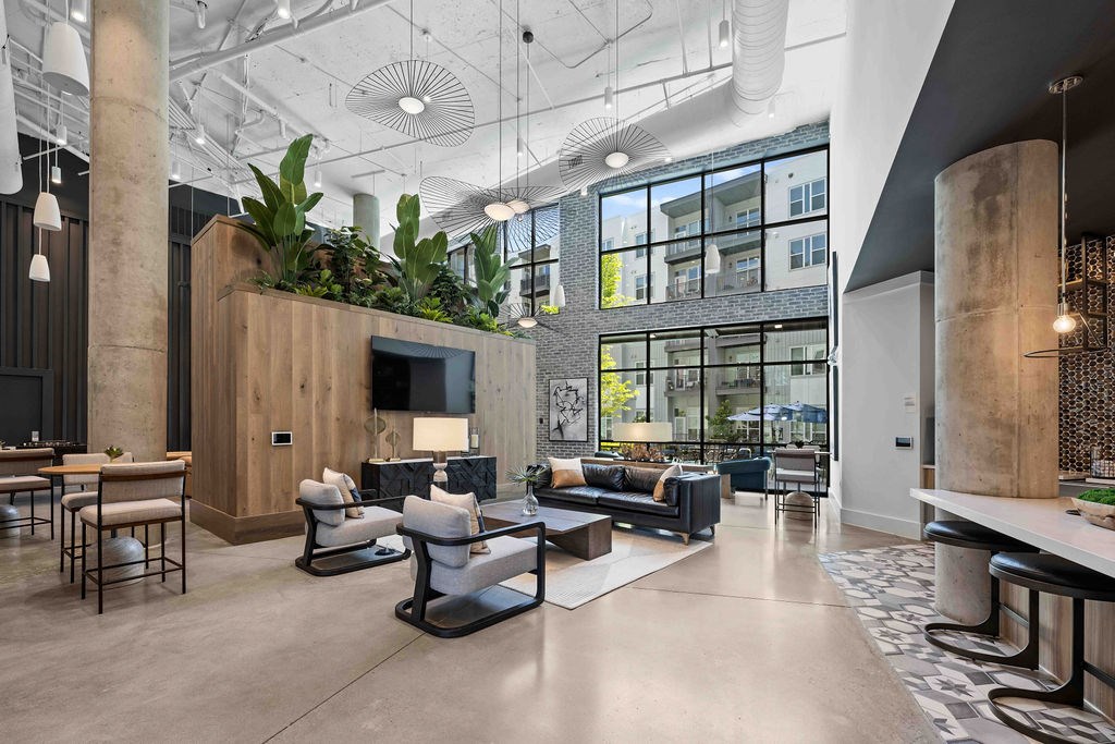 A modern living room with a large window, a TV, and a plant on the wall.