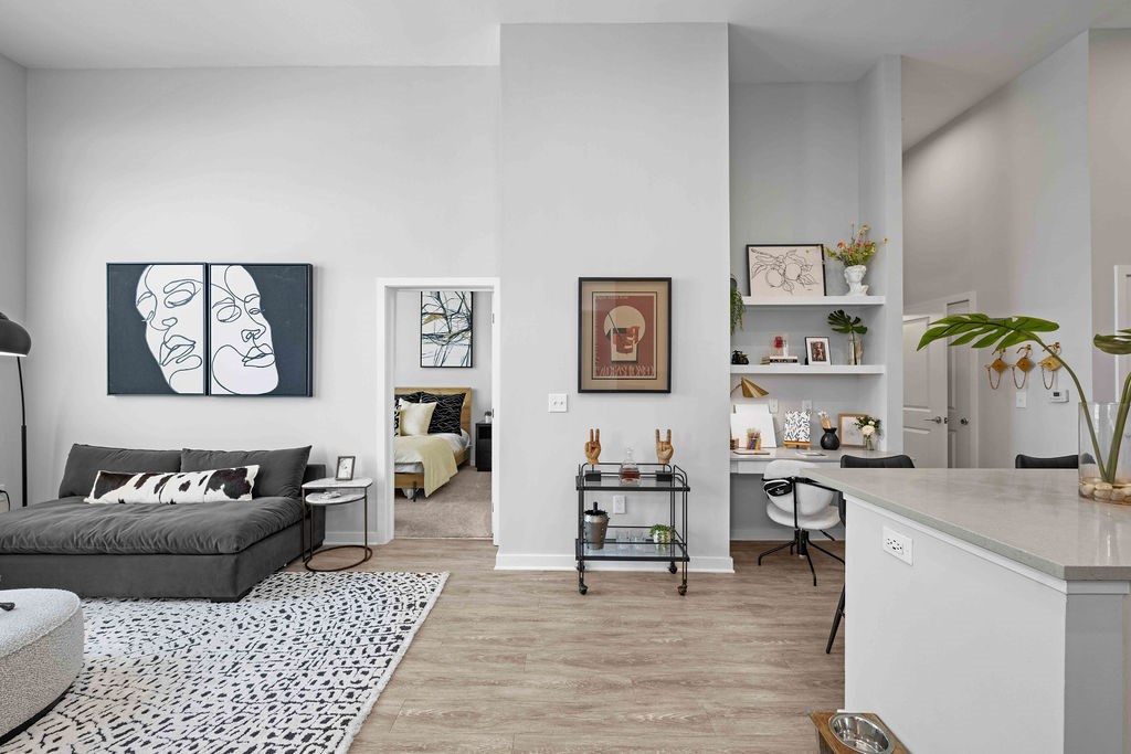 A living room with a grey couch and a white wall.