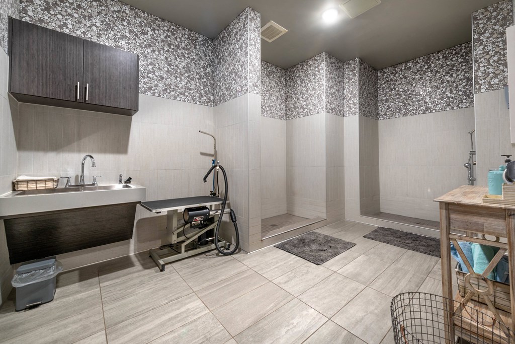 a bathroom with a shower and a sink