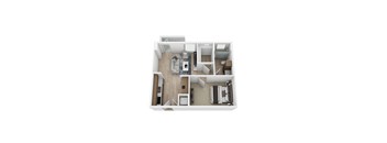 a stylized floor plan with a bedroom and a living room