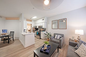 a living area with a couch coffee table and a kitchen with an island