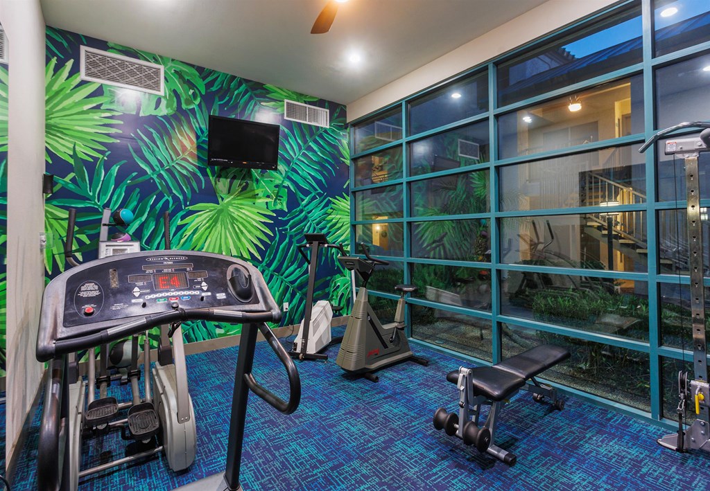 a home gym with exercise equipment and a green mural on the wall