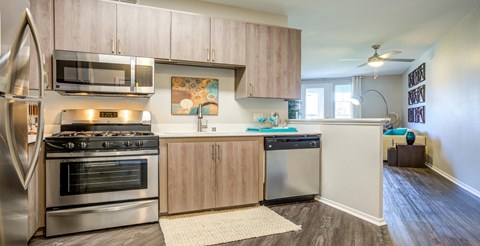 a kitchen with stainless steel appliances and wooden cabinets