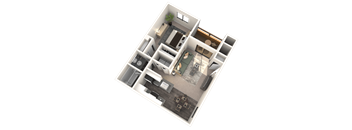 A 3D floor plan of a house with a kitchen, living room, and bathroom.