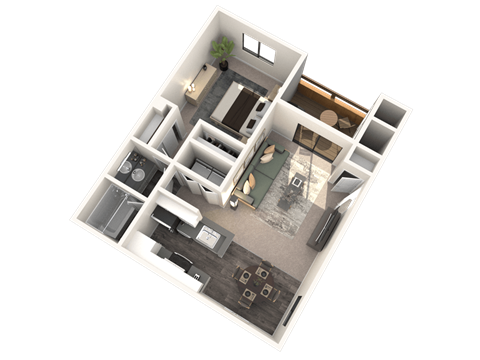 A 3D floor plan of a house with a kitchen, living room, and bathroom.