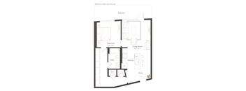 A floor plan of a balcony with a living room, kitchen, bath, and bedroom.