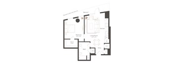 A floor plan of a house with a living room, kitchen, bath, and bedroom.