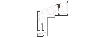A floor plan of a house with a living room, kitchen, bathroom, and bedrooms.