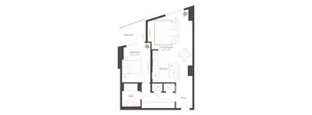 A floor plan of a house with a living room, kitchen, bath, and bedroom.