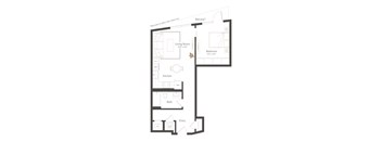 A floor plan of an apartment with a living room, bedroom, kitchen, bathroom, and entry.