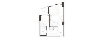 A floor plan of a house with a living room, kitchen, bedroom and bathroom.
