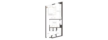 A floor plan of a home showing a living room, kitchen, bedroom, bathroom, and entry.