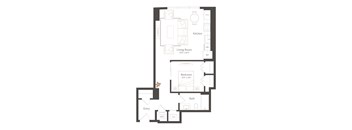 A floor plan of a house with a kitchen, living room, bathroom, bedroom and entry.