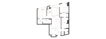 A floor plan of a house with two bedrooms, a living room, a kitchen, a bathroom, and a walk-in closet.