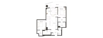 A black and white floor plan of an apartment with two bedrooms, a living room, a kitchen, and bathrooms.