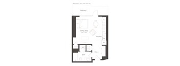 A floor plan of a house with a living area, kitchen, bath, and entry.