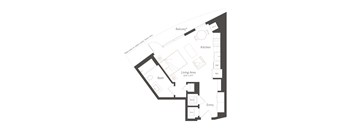 A floor plan of a living space with a kitchen, bathroom, and living area.