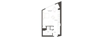 A floor plan of a house with a living area, kitchen, bathroom, and entry.
