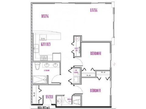 A floor plan of a house with labeled rooms such as Living Room, Kitchen, Bathroom, and Entry.