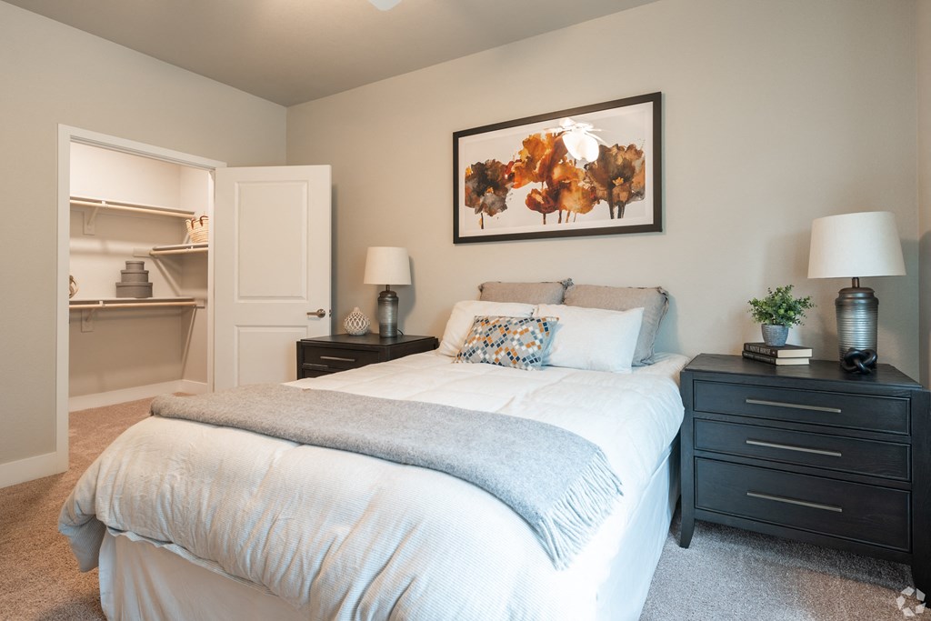 a bedroom with a large bed and a closet