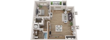 a 3d rendering of a floor plan with a bedroom and living room