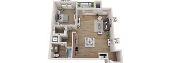 a 3d rendering of a floor plan with a bedroom and a living room