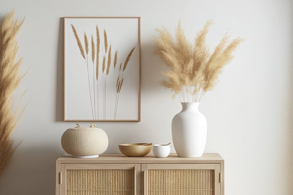 a vase with some flowers on a cabinet