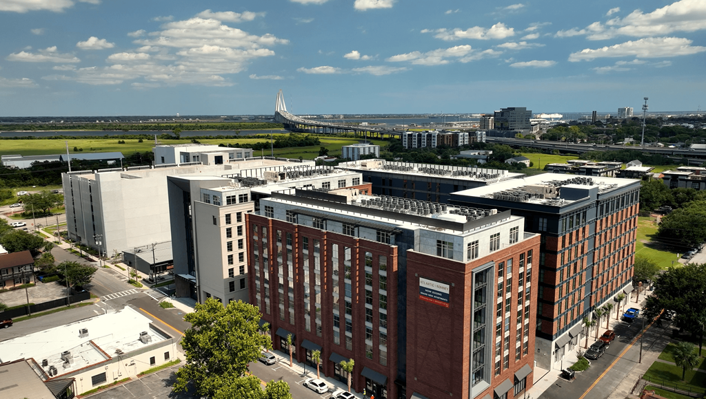 an aerial view of a large building in a city