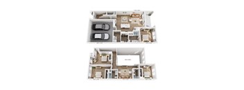 A floor plan of a two-bedroom apartment with a garage for two cars.