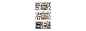 A set of four floor plans for a house with a garage.