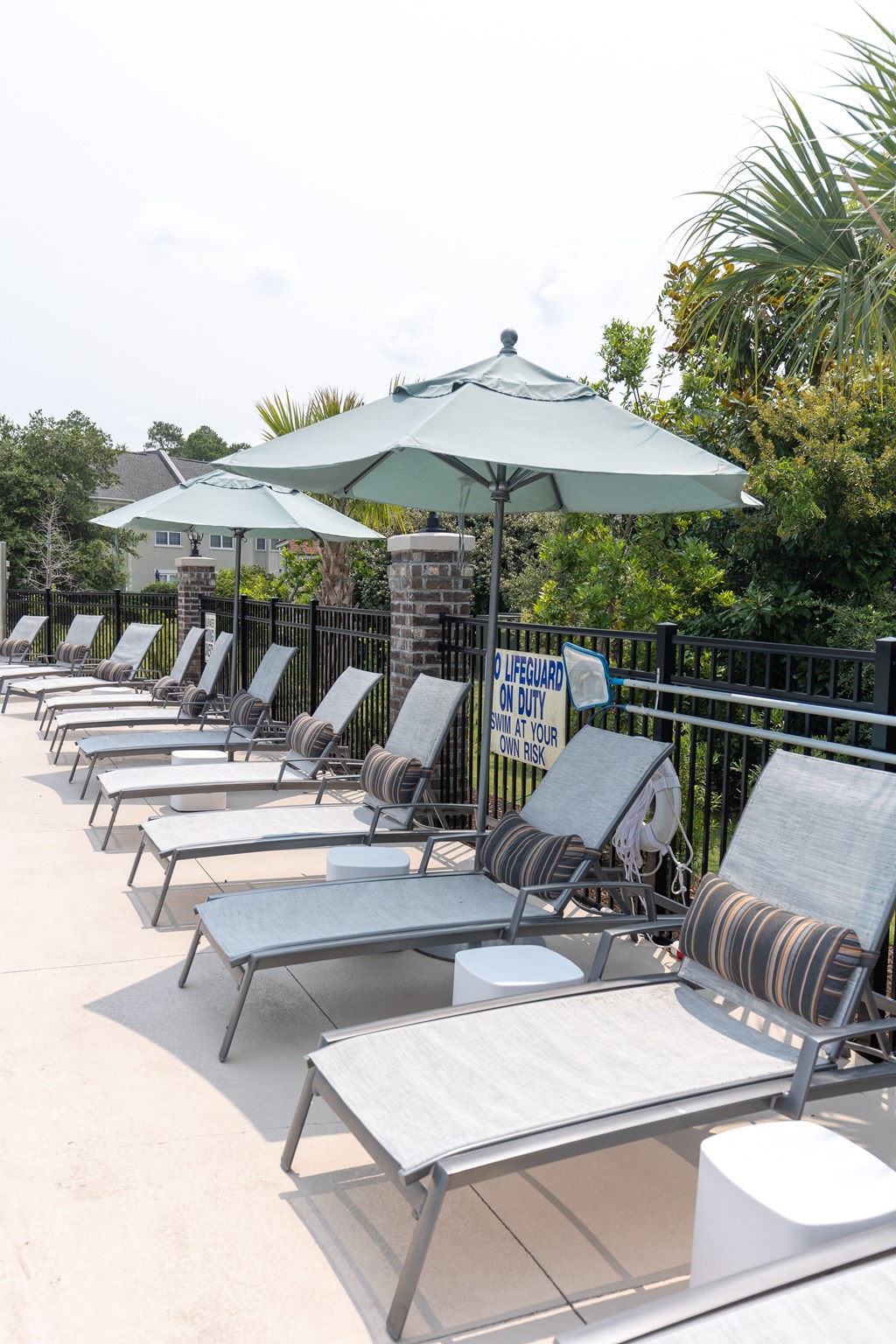 a row of chaise lounges with umbrellas